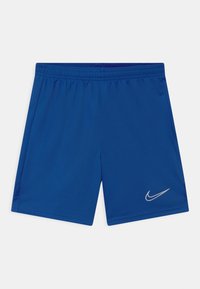 Pantalones cortos deportivos azules con cinturilla elástica y pequeño logo de Nike en blanco en la parte inferior derecha de la pierna.