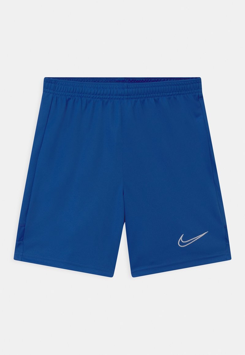 Pantalones cortos deportivos azules con cinturilla elástica y pequeño logo de Nike en blanco en la parte inferior derecha de la pierna.