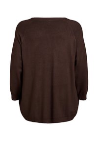 Rjava, pulover z dolgimi rokavi in širokim izrezom ter sproščenim krojem. Pletena tekstura s subtilnimi detajli ob ramenih in manšetah.