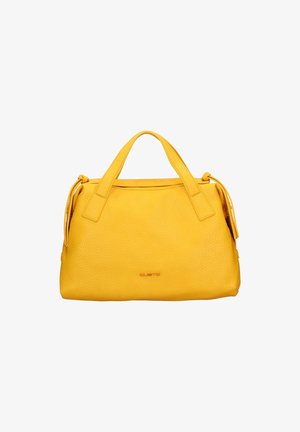 Borsa a tracolla gialla in pelle con finitura testurizzata, doppi manici e chiusura con zip. Presenta un logo discreto sul fronte e nappine laterali.