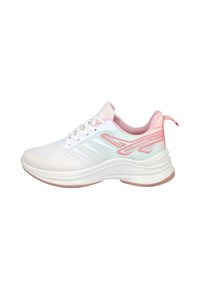 Zapatilla deportiva ligera en blanco y rosa con cordones en la parte delantera, suela acolchada, parte superior de malla transpirable y una pestaña en el talón.