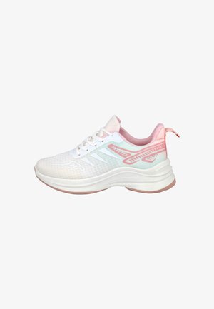 Zapatilla deportiva ligera en blanco y rosa con cordones en la parte delantera, suela acolchada, parte superior de malla transpirable y una pestaña en el talón.