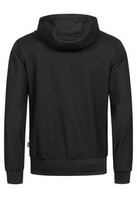 Fekete hosszú ujjú kapucnis pulóver texturált anyagból, bordázott mandzsettákkal és derékpánttal, hátulról bemutatva, felhúzott kapucnival.