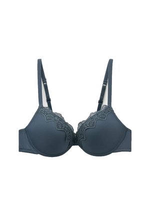 Tmavě šedá podprsenka s kosticemi, vyrobená z hladkého materiálu s vlnkovanými krajkami na horním okraji. Adjustable popruhy a zapínání na háček na zadní straně.
