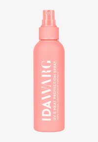 Rosa sprayflaske med matt finish, sylinderform og hvit etikett. Har en pumpe spraytopp og et sikkert lokk.