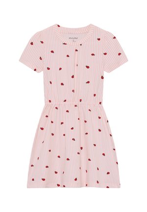 Vestito da ragazza realizzato in tessuto a righe rosa morbido, con maniche corte a sbuffo, decorato con stampa di coccinelle e vita elastica per un effetto arricciato.