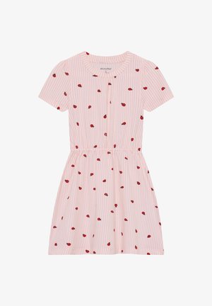 Robe pour fille en tissu rayé rose doux avec manches courtes bouffantes, ornée d'un motif de coccinelle et d'une taille élastique pour un effet froncé.