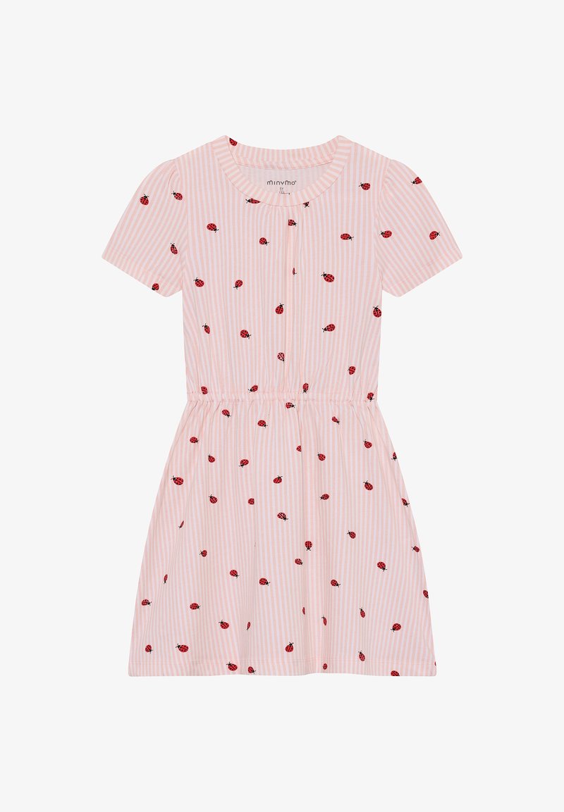 Mädchenkleid aus weichem, rosa gestreiftem Stoff mit kurzen Puffärmeln, mit einem Marienkäferdruck und einem elastischen Taillenbund für einen gerafften Effekt.