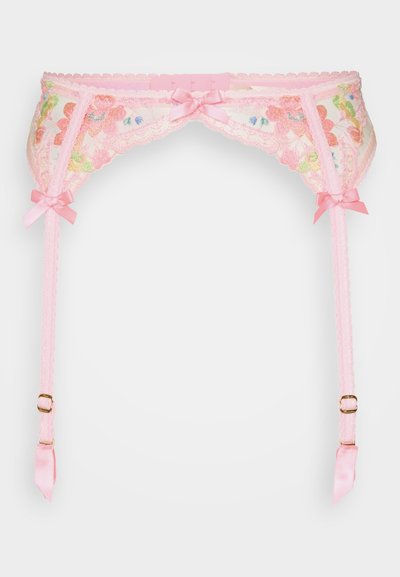 Pink lace garter belt featuring floral embroidery, scalloped edges, and decorative bows. Includes adjustable satin straps with gold hardware accents.