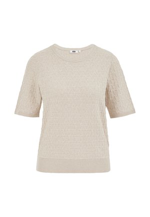 Beigen värinen lyhythihainen neulepusero, jossa on teksturoitu kolmiokuvio, resorinen pyöreä pääntie ja alareuna.