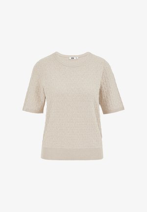 Bēša adīta īsroku džempera ar teksturētu trīsstūra rakstu, ribotās apļveida apkakles un apakšējās malas.