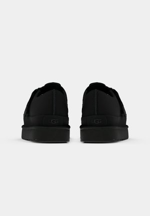 Paire de chaussures noires UGG à enfiler, vues de dos sur fond blanc uni.