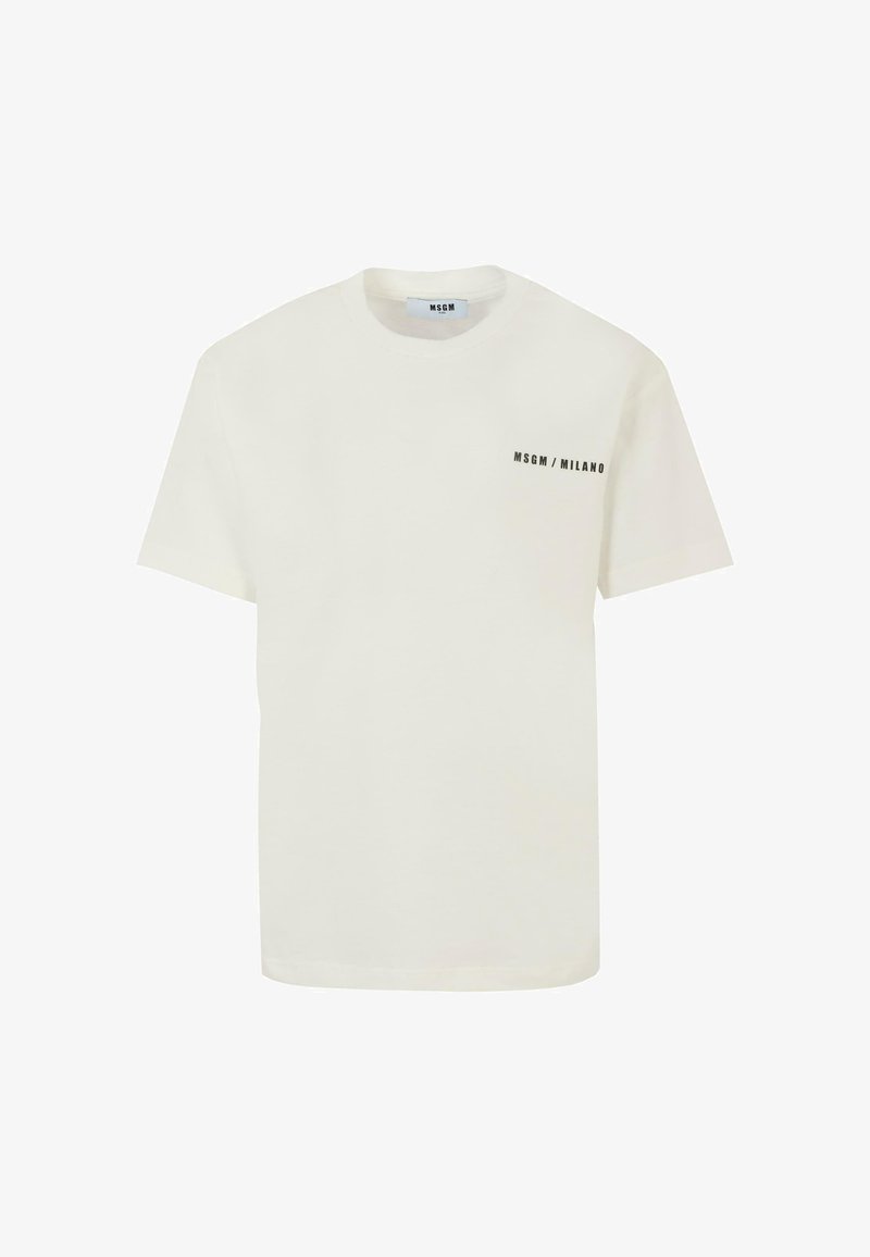 Witte T-shirt met korte mouwen van katoen. Heeft zwarte bedrukte tekst "MSGM/MILANO" op de linkerkant van de borst. Klassieke ronde halslijn.