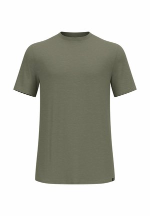Olive green short-sleeve t-shirt made from soft cotton, featuring a crew neckline and straight bottom hem. No patterns or graphics present.