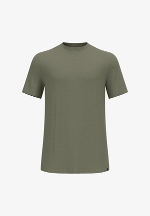 Olive green short-sleeve t-shirt made from soft cotton, featuring a crew neckline and straight bottom hem. No patterns or graphics present.