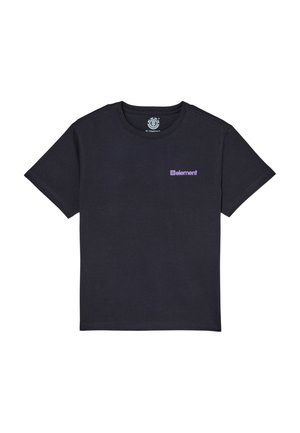 T-shirt nera a maniche corte con piccolo logo viola "element" sul petto sinistro e logo circolare all'interno del colletto.