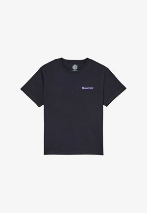 T-shirt noir à manches courtes avec petit logo violet "element" sur la poitrine gauche et logo circulaire à l'intérieur du col.