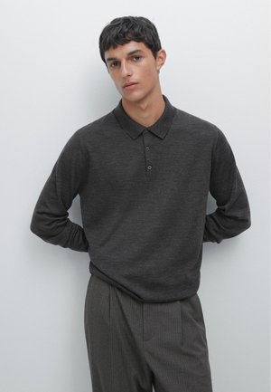 Dark gray long-sleeve polo shirt with a classic collar and three-button placket, paired with pinstriped gray pants. Smooth texture.