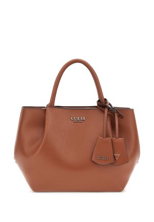 Brown textured tote bag with dual handles, logo accents, and two hanging tags. Structured shape with a zip closure and shiny hardware.