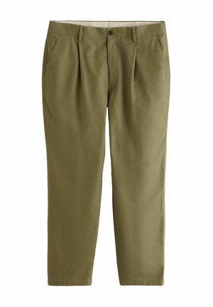 Olive green men's chinos with front pleats, side pockets, a button closure, and belt loops.