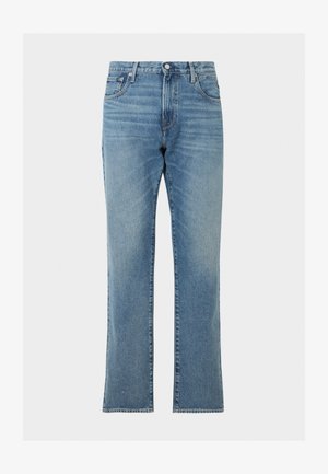 Jean droit bleu en denim avec poches devant et derrière, fermeture par boutons et passants pour ceinture.