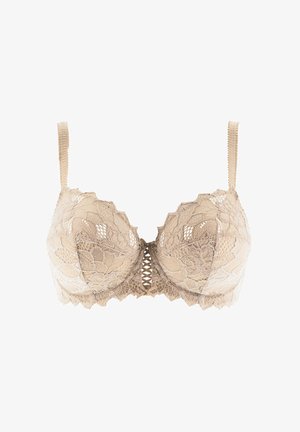 Soutien-gorge en dentelle de couleur beige comportant des motifs floraux, des bords festonnés et une fermeture à l'avant avec un design entrecroisé pour plus de détails.