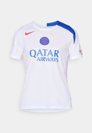 Hvid atletisk trøje med blå detaljer på skuldrene, der har "QATAR AIRWAYS" logo i blå og et rødt Nike swoosh til venstre.