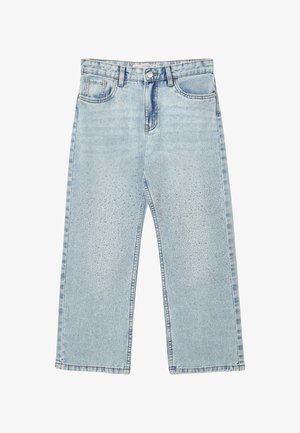 Jeans in denim azzurro chiaro con taglio a gamba dritta, caratterizzati da un motivo sparso di piccoli borchietti argentati sulla parte anteriore. Design standard con cinque tasche.
