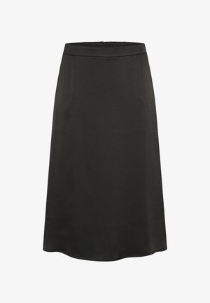 Schwarzer A-Linien-Rock mit glatter Textur, elastischem Bund und knielangem Design. Einfach und vielseitig, geeignet für verschiedene Anlässe.
