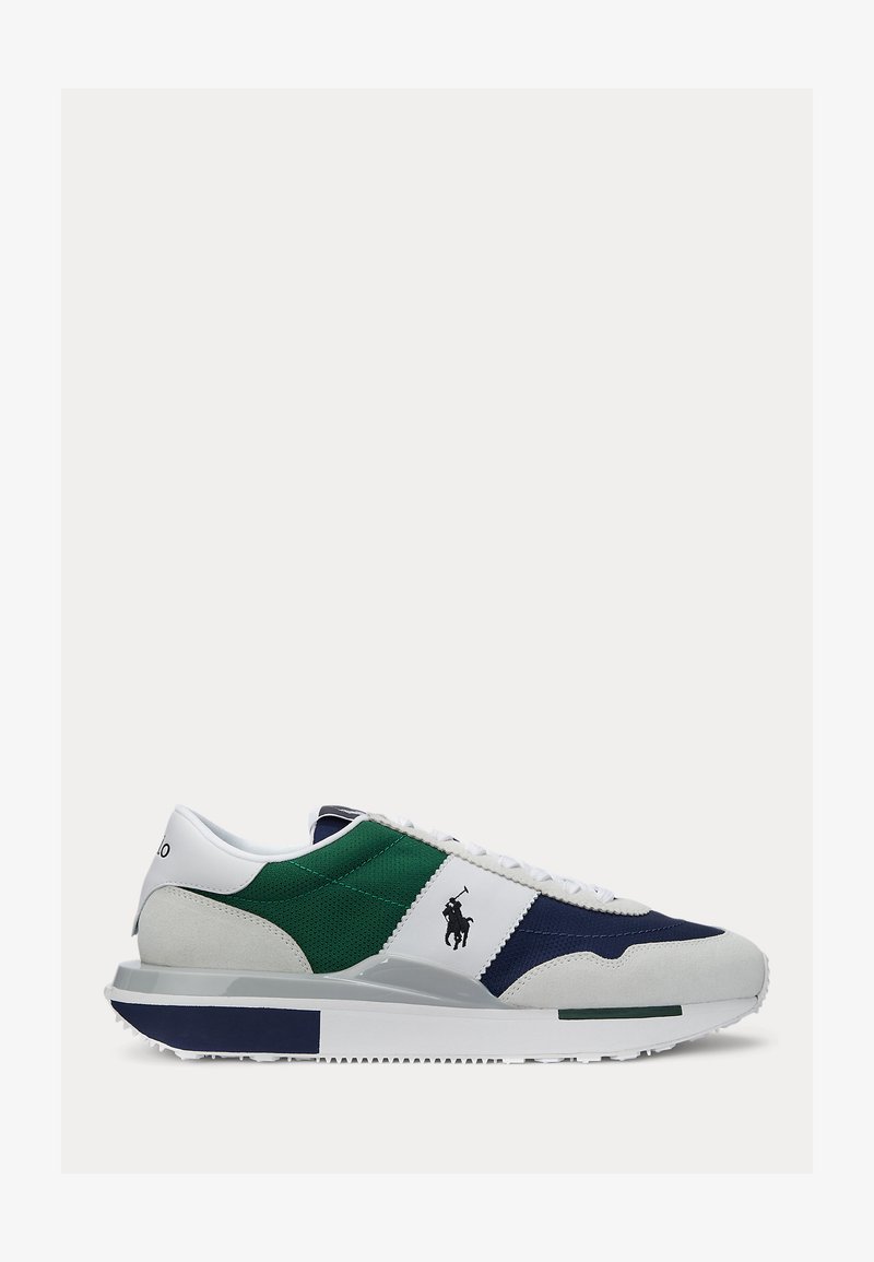 Muške tenisice koje sadrže kombinaciju tamnoplave, zelene, bijele i sive boje; mrežasti i antilop materijali; teksturirana potplata; logo sa strane.