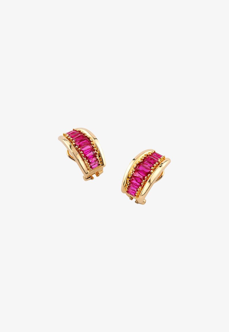 Boucles d'oreilles clips en or avec des rangées de pierres précieuses rectangulaires roses au centre, design courbé.