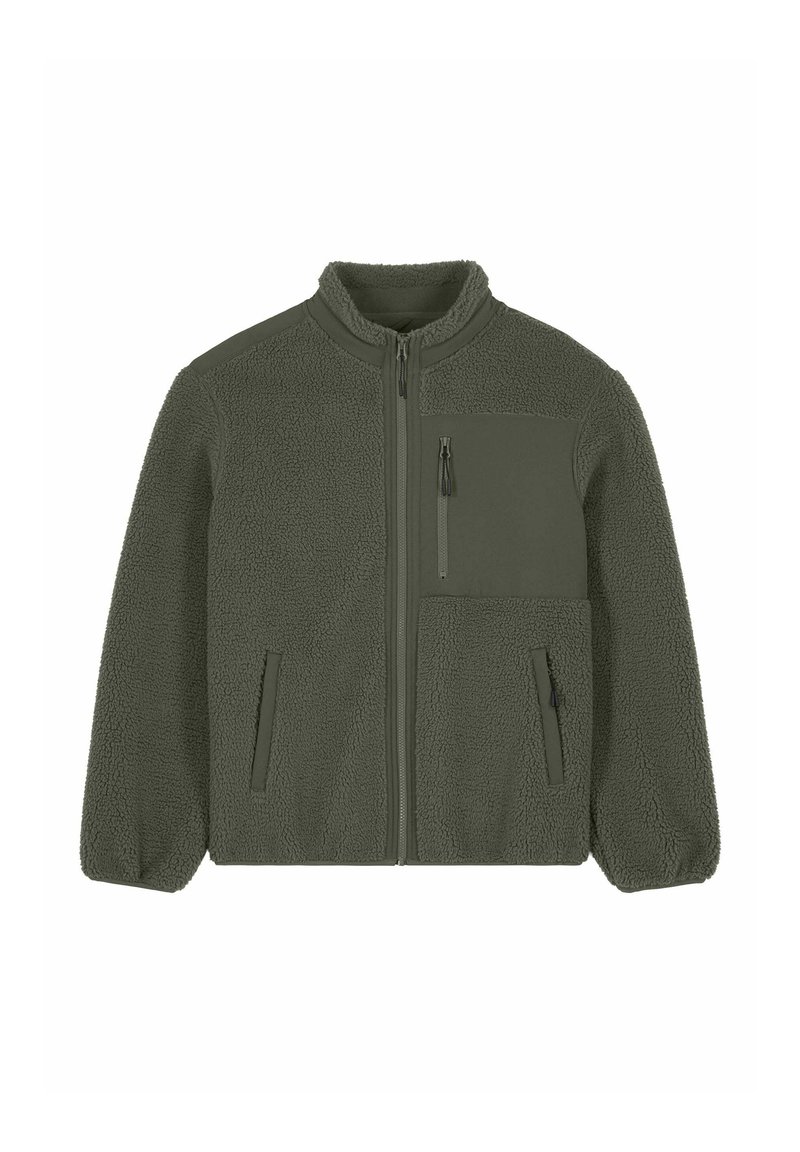 Veste polaire olive à fermeture éclair intégrale avec col montant, deux poches avant zippées, poignets élastiques et une poche poitrine zippée.