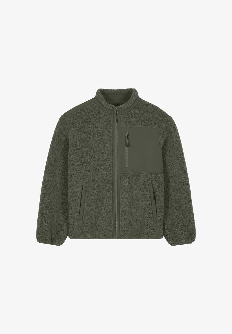 Giacca in pile verde oliva con cerniera integrale, colletto alto, due tasche frontali con cerniera, polsini elasticizzati e una tasca sul petto con cerniera.