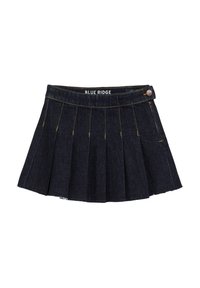 Temno jeans krilo s pliseji, z gumbom in zadrgo na strani ter kontrastnim rumenim šivom. Oznaka pravi "BLUE RIDGE."