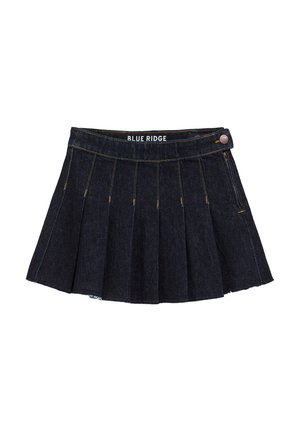 Mörk denimkjol med plisseringar, en knapp- och dragkedjestängning på sidan och kontrasterande gul söm. Etiketten står "BLUE RIDGE."