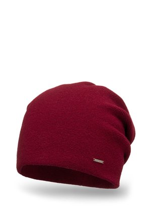 Maroon knitted beanie hat with a slouchy design. Features a smooth texture and a small metallic logo tag on the side.