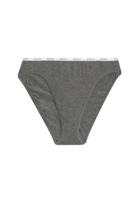 Grauer Baumwollbikini-Unterwäsche mit elastischem weißen Bund, auf dem das Wort "BODY" gedruckt ist. Glatte Textur und standardmäßiger Slip-Schnitt.
