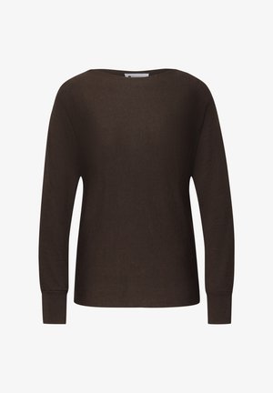 Pull marron foncé à manches longues avec un large col rond et des poignets ajustés, présenté sur un fond blanc.