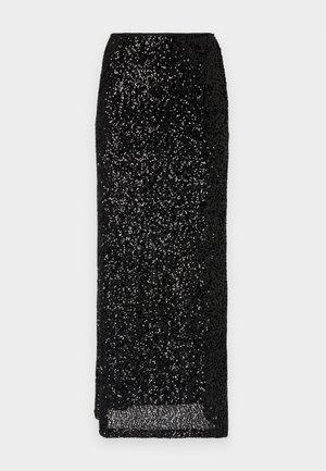 Gonna midi nera con paillettes, dal taglio aderente, con orlo dritto e una superficie liscia che brillano alla luce.