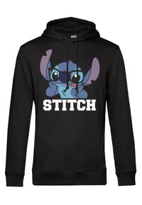 Černá mikina s kapucí s grafikou modré postavy v brýlích, s nápisem "STITCH" vytištěným velkými bílými písmeny pod ní.