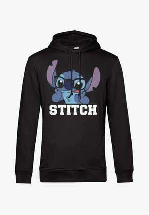Svart huvtröja med en grafisk avbildning av en blå karaktär med glasögon, med ordet "STITCH" tryckt i fetvita bokstäver nedanför.