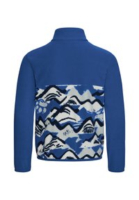 Μπλε φλις μπουφάν με μακριά μανίκια και ένα σχεδιασμένο πάνελ με λευκά, μαύρα και διάφορα μπλε σχήματα βουνών στην πλάτη.