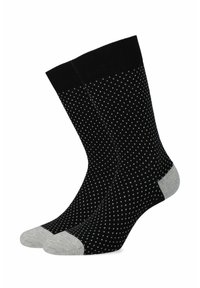 Czarne skarpetki z białym kropkowanym wzorem, z szarymi akcentami na palcach i pięcie. Zaprojektowane z żeberkowym mankietem dla pewnego dopasowania.