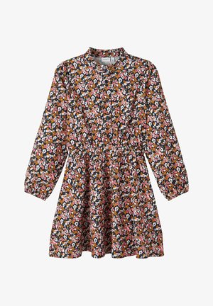 Robe à manches longues, longueur au genou, taille élastique, base noire avec petit motif floral en nuances de rose, blanc et marron.