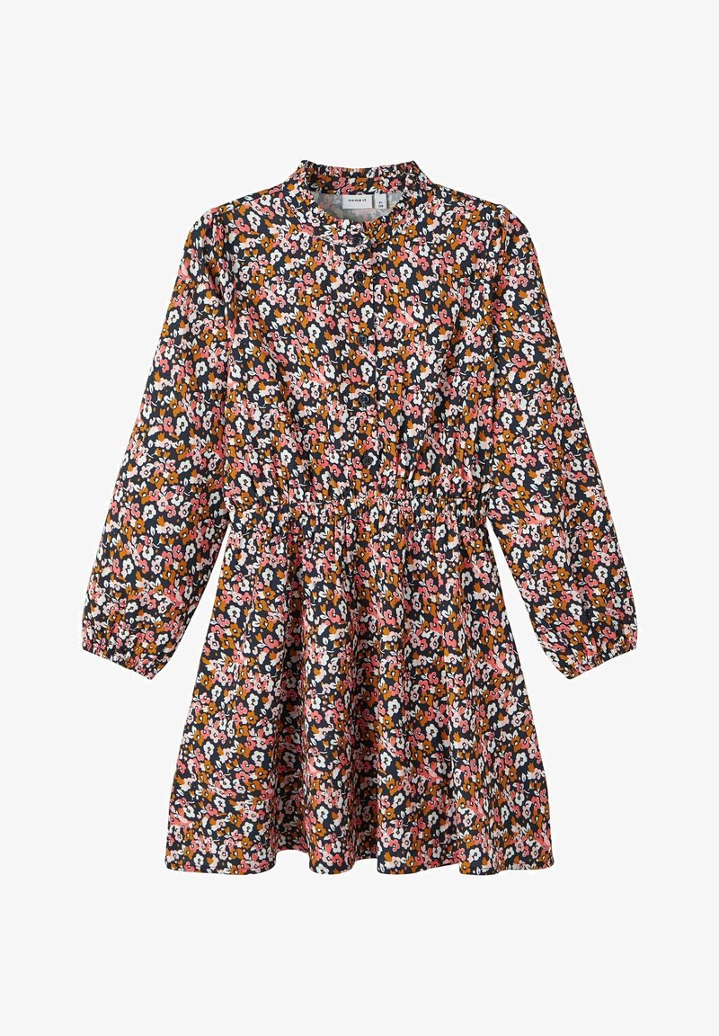 Robe à manches longues, longueur au genou, taille élastique, base noire avec petit motif floral en nuances de rose, blanc et marron.