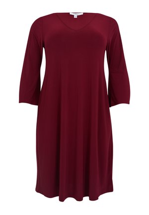 Bordeaux Kleid, knielang, aus glattem Stoff. Mit V-Ausschnitt und dreiviertel Ärmeln sowie einer lockeren A-Linie Silhouette.