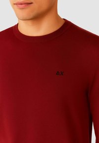 Maglione rosso con scollatura rotonda, texture a coste e un piccolo logo nero sul petto. Tessuto liscio e design aderente.