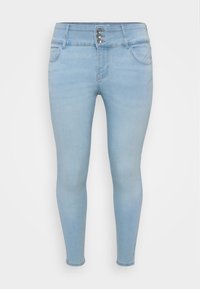 Light blue skinny jeans made of denim. Features three-button closure, two front pockets, and a smooth texture.