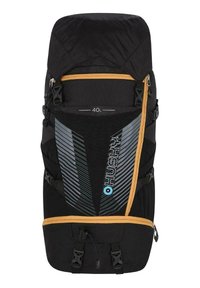 Černý batoh 40L s oranžovými akcenty, s texturovaným předním panelem, několika zipy a nastavitelnými popruhy pro ergonomické nošení.