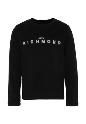 Felpa nera a maniche lunghe con la scritta "JOHN RICHMOND" stampata in lettere bianche sul petto a forma di arco.